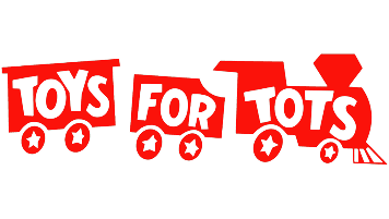Red 'Toys for Tots' logo with a truck design on a white background