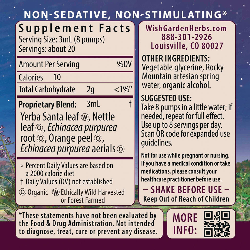 WGH005 | Supplement Facts panel, other ingredients, suggested use, WishGarden Herbs contact info, shake before use, QR code - Thumbnail