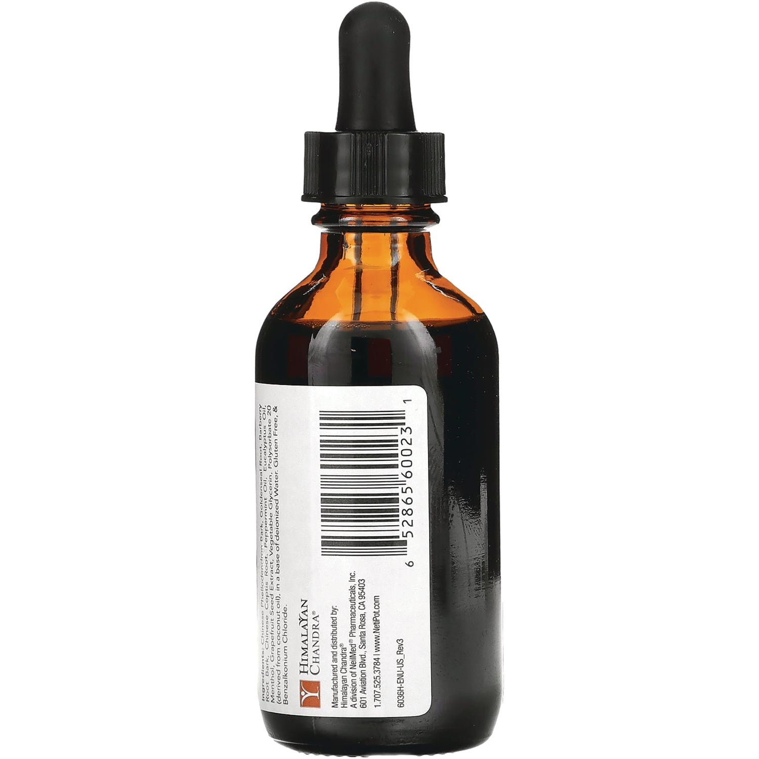 HIM005 | back of amber glass dropper bottle showing barcode and product label
