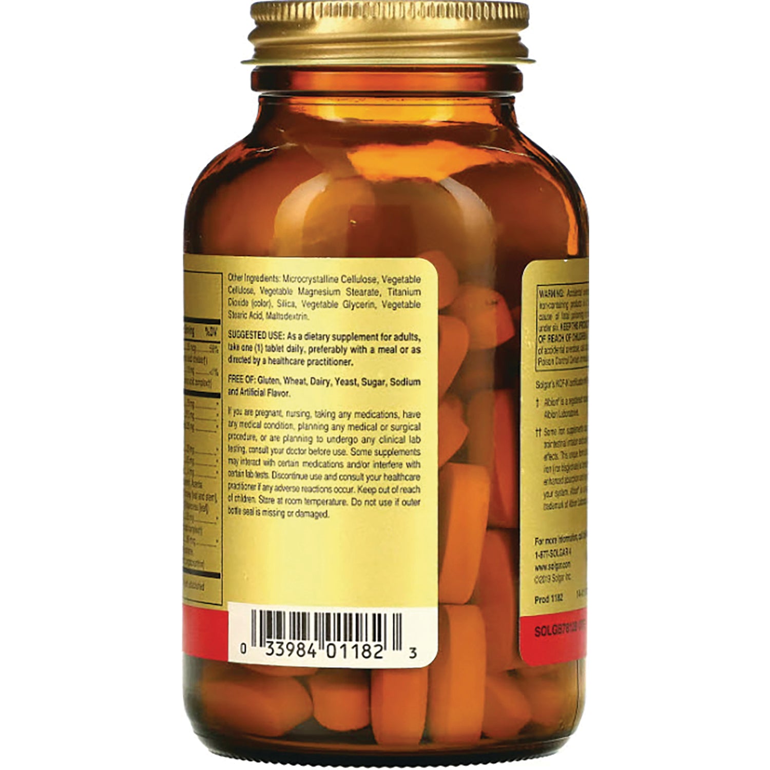 SLG223 | Back of amber supplement bottle showing label text, barcode and orange tablets inside