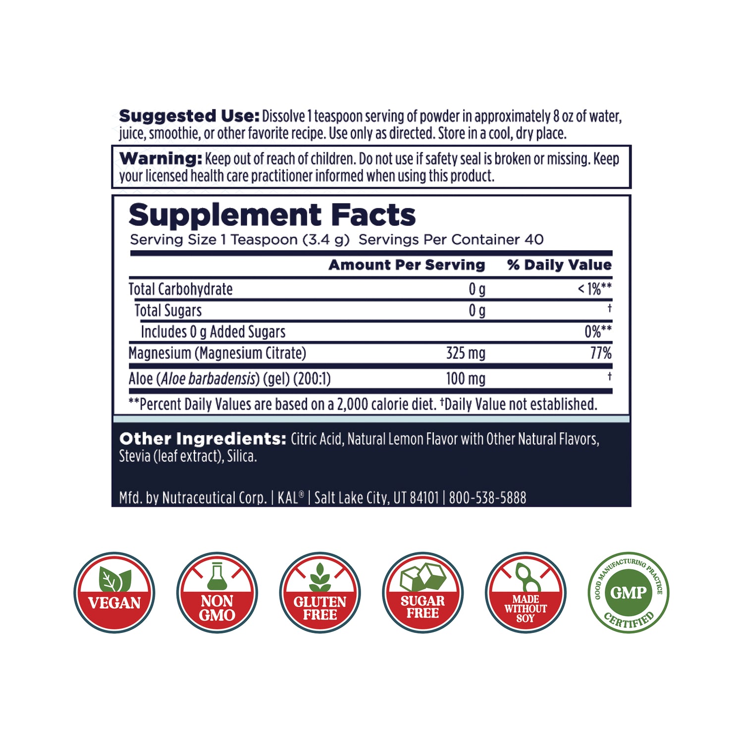 Supplement Facts panel showing serving size 1 teaspoon, magnesium 325 mg, aloe 100 mg, other ingredients and six certification icons