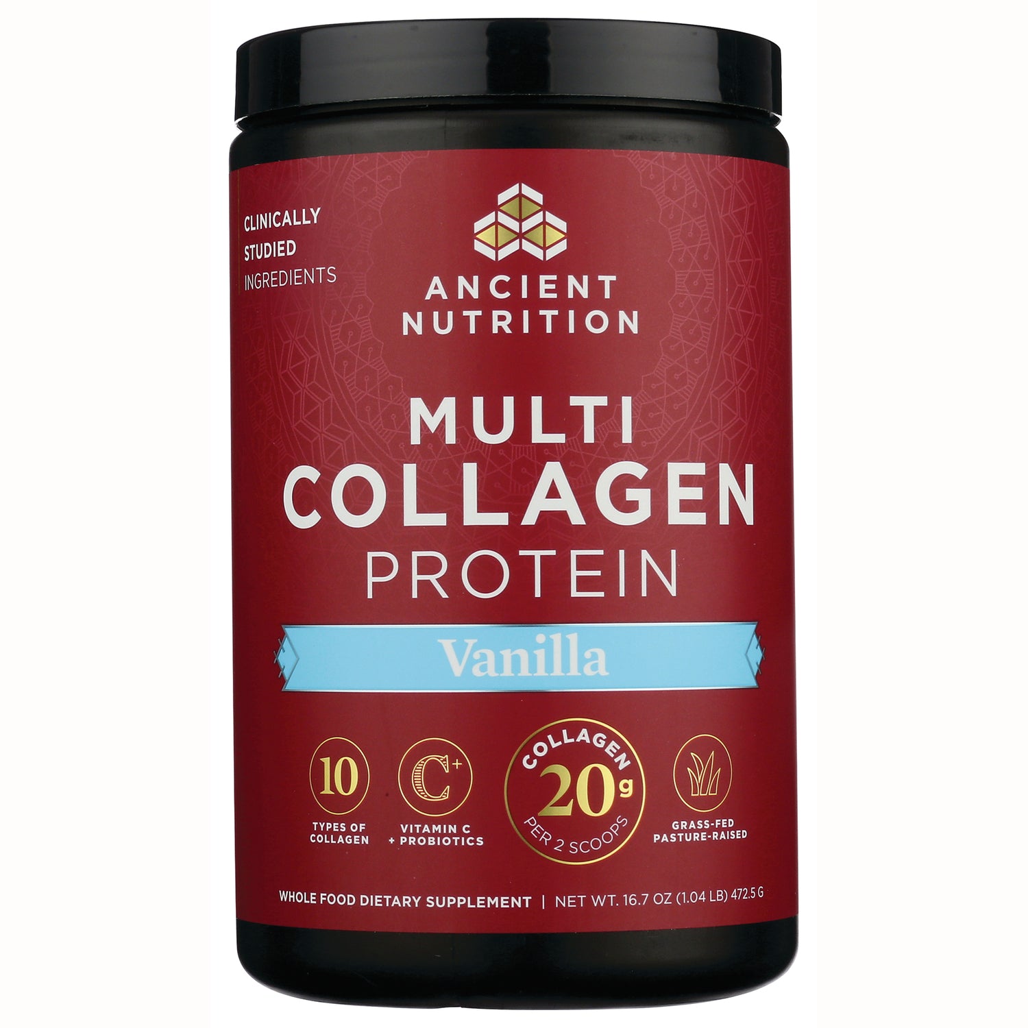 ATN025 | Ancient Nutrition Multi Collagen Protein vanilla tub front label showing 'Vanilla' banner and 20g collagen