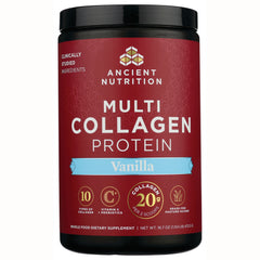 ATN025 | Ancient Nutrition Multi Collagen Protein vanilla tub front label showing 'Vanilla' banner and 20g collagen