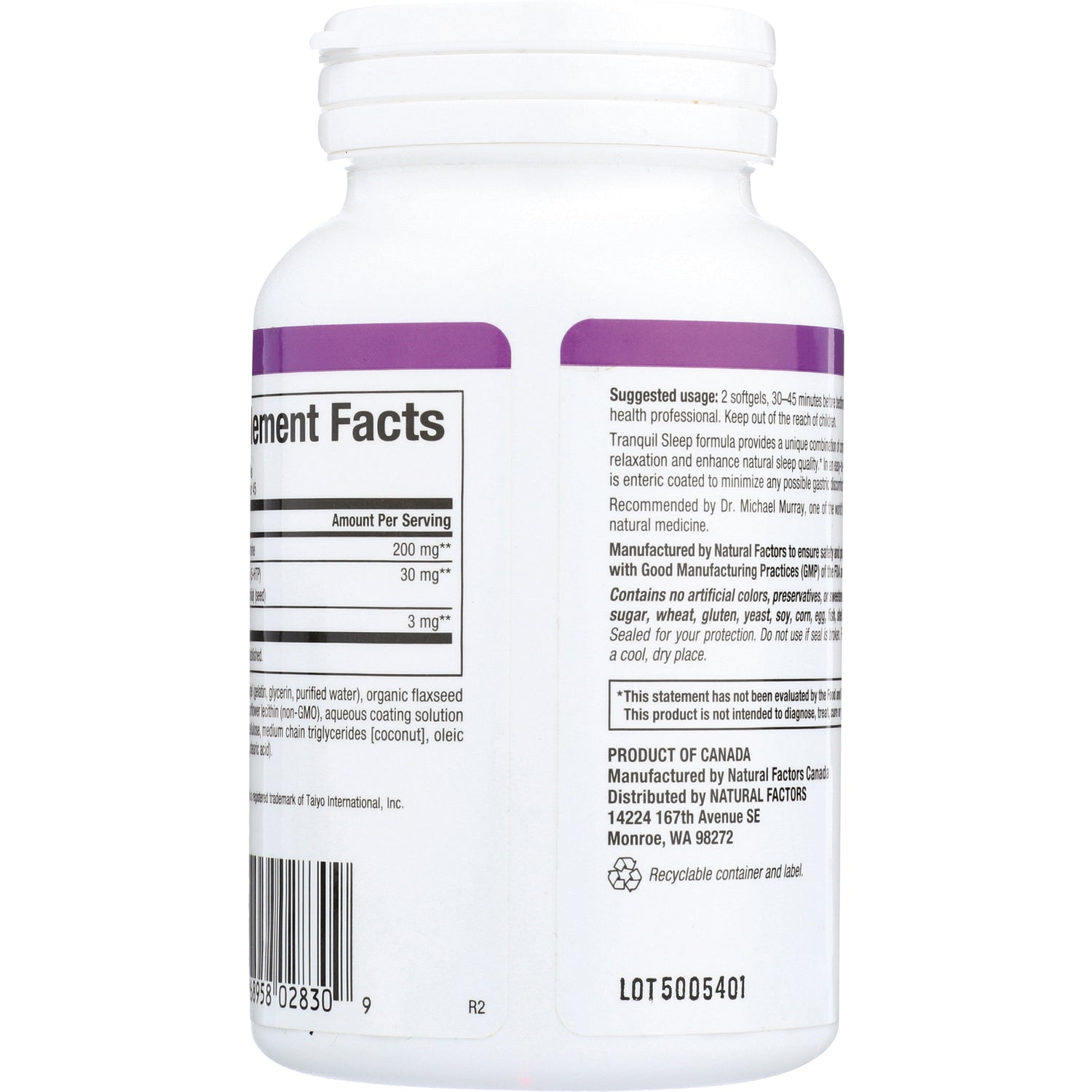 NFC146 | Back of white supplement bottle showing Supplement Facts panel, suggested usage text, barcode and lot number