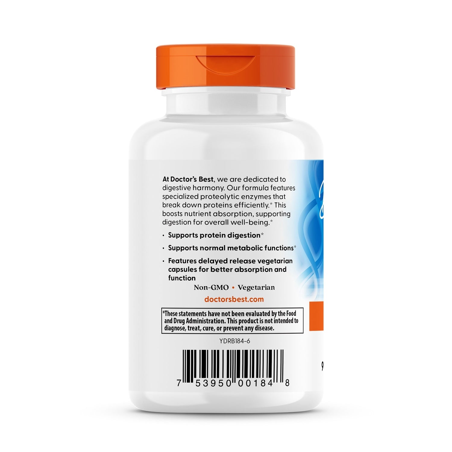 DB090 | Doctor's Best Proteolytic Enzymes back label showing product description, claims, barcode and QR code