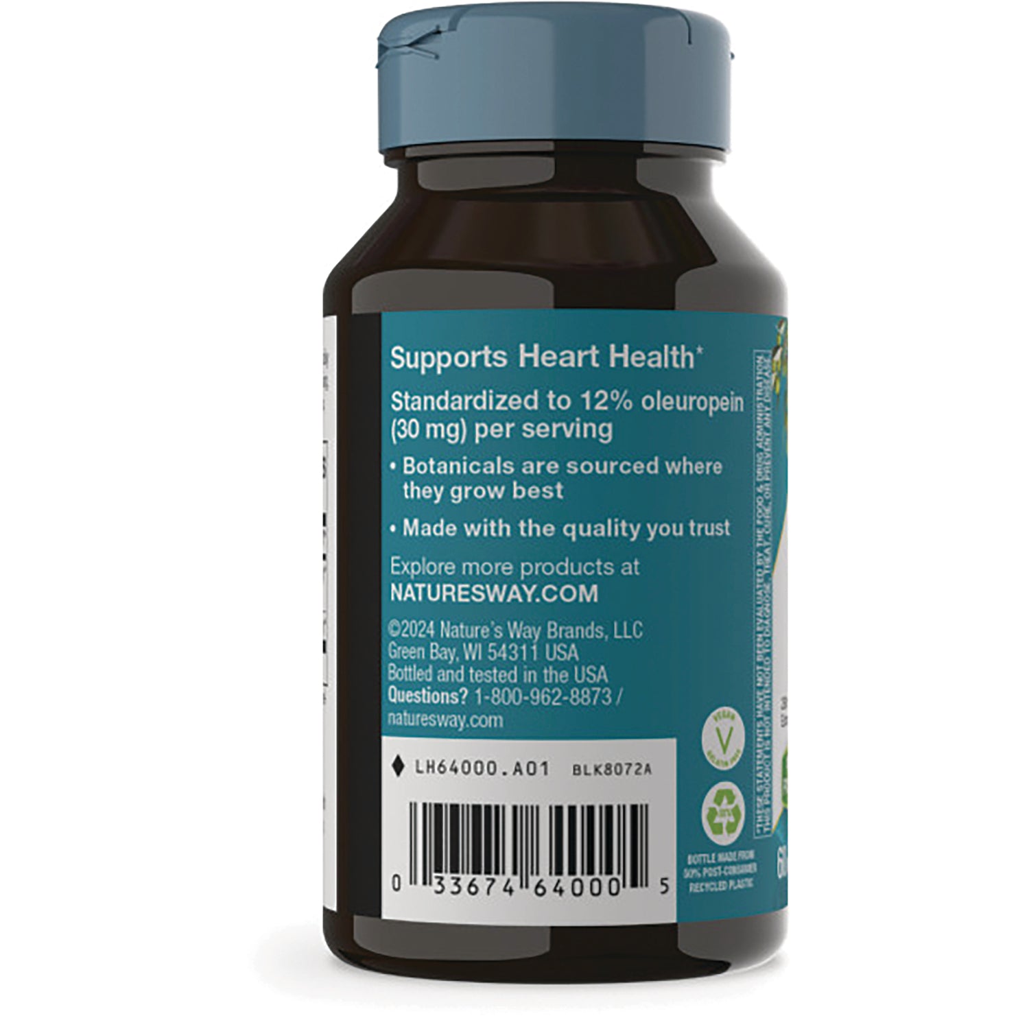 NW562 | Back label of supplement bottle showing Supports Heart Health panel, small text and barcode