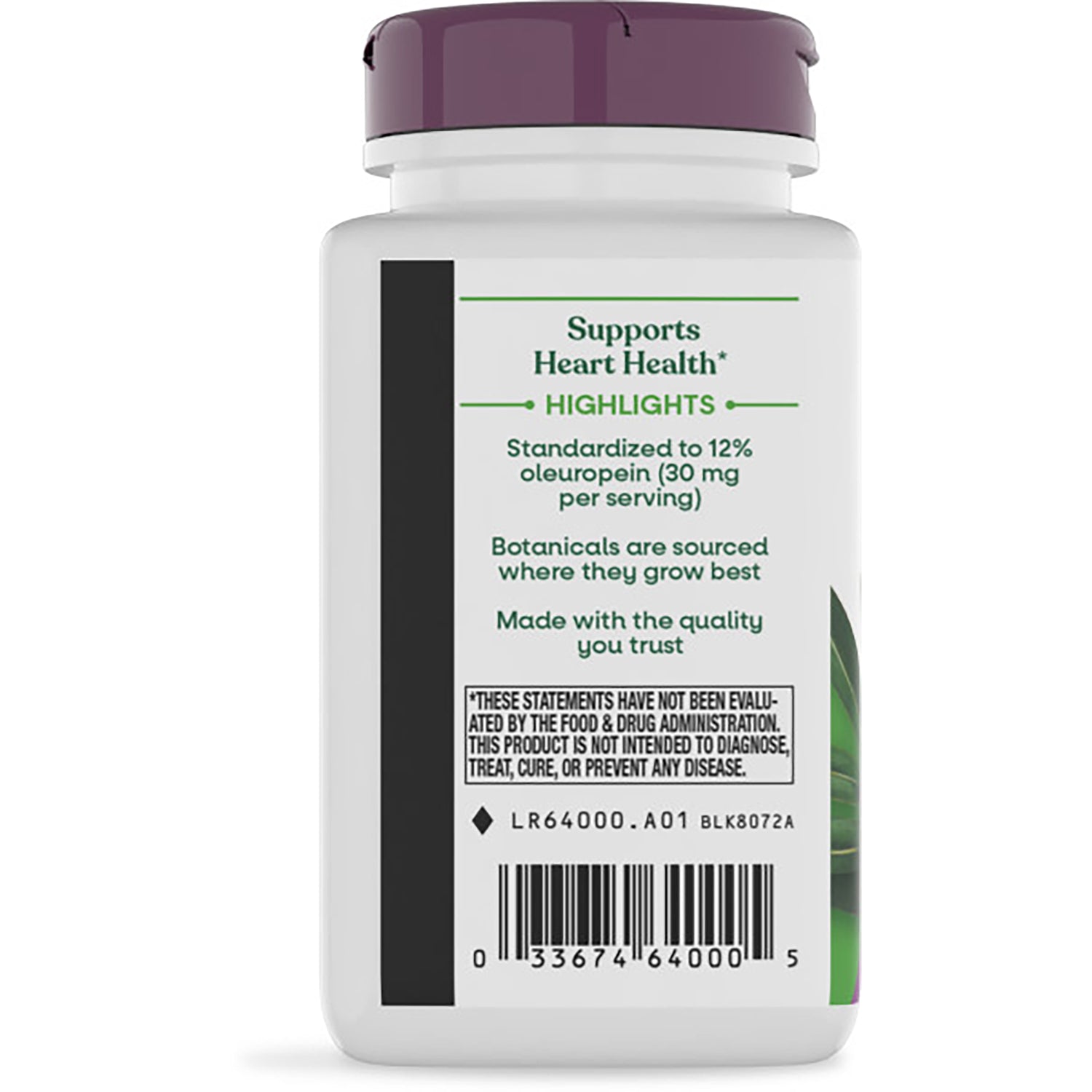 NW562 | Back label of supplement bottle showing Supports Heart Health panel, small text and barcode