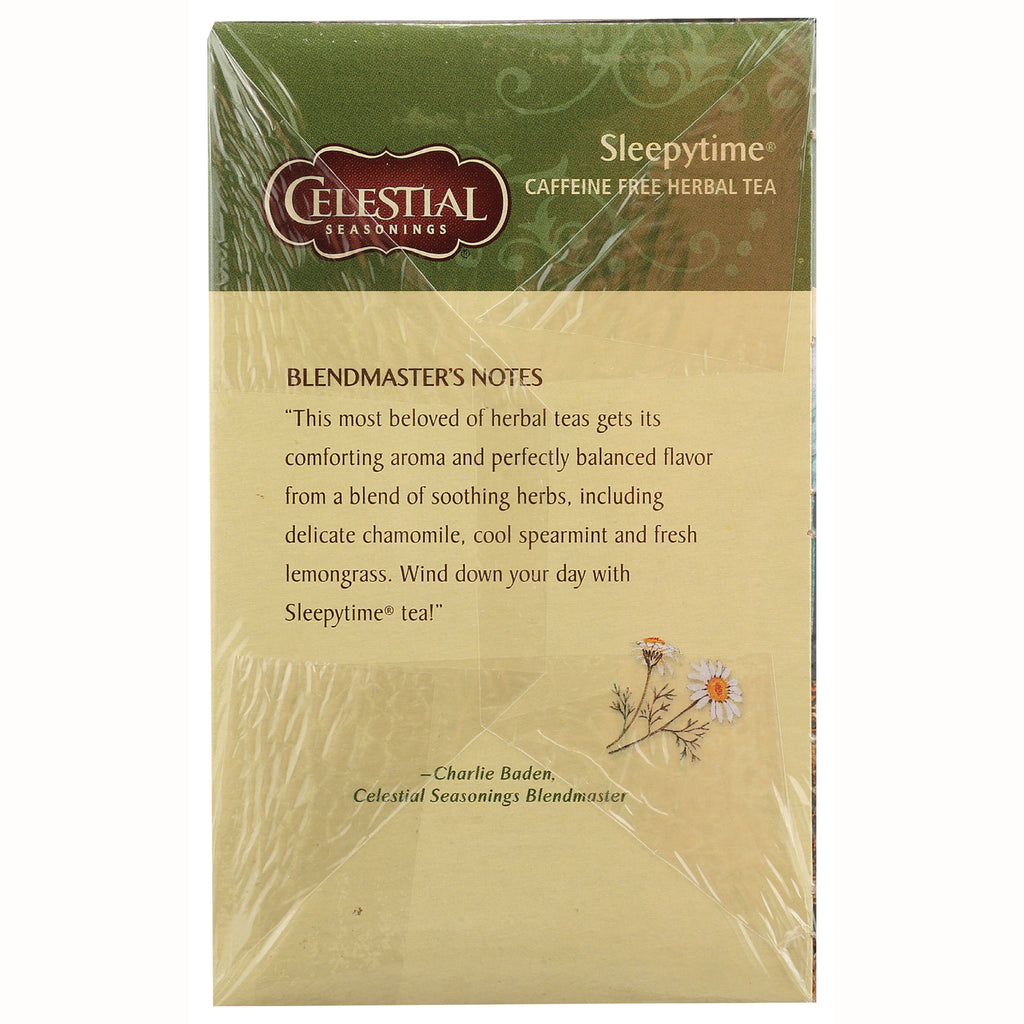 CEL002 | Box back showing Blendmaster's Notes for Sleepytime caffeine free herbal tea with chamomile illustration - Thumbnail