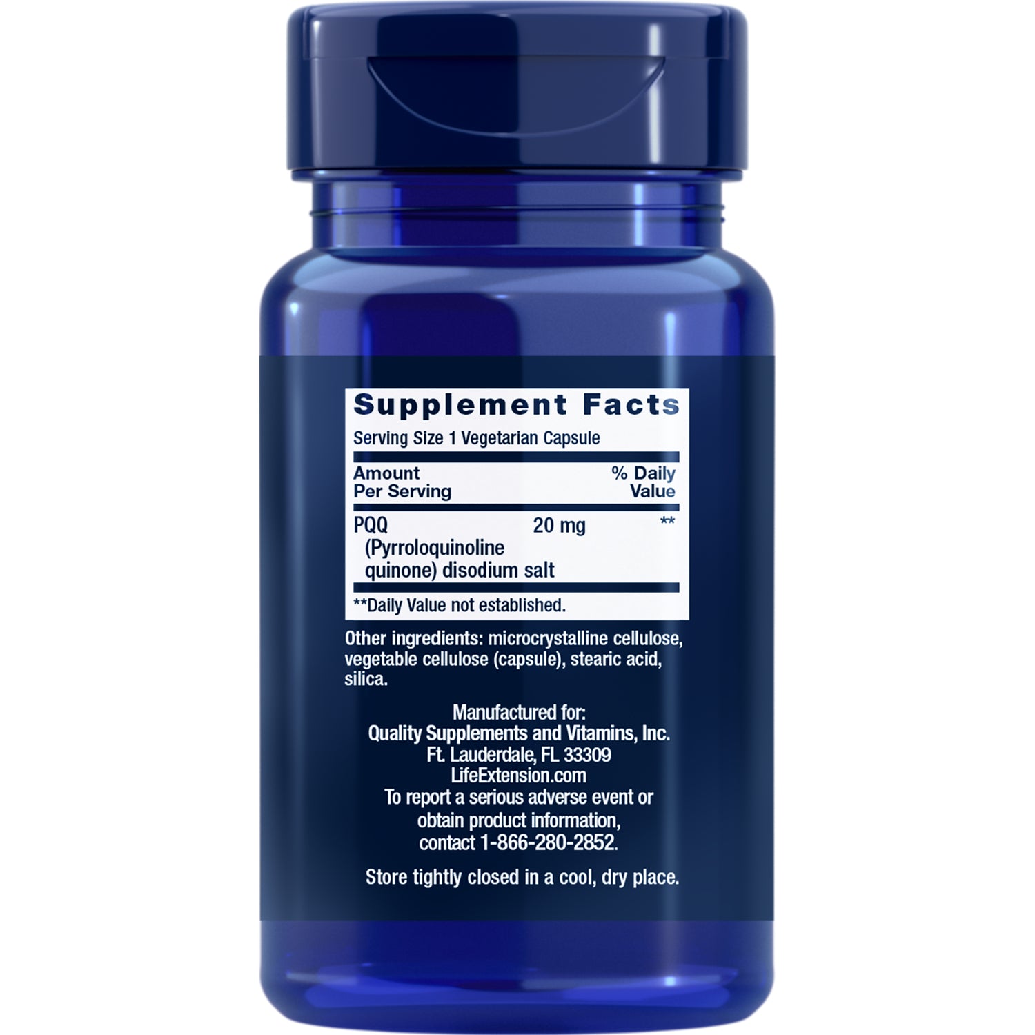 LE198 | Blue supplement bottle showing the back label with Supplement Facts for PQQ 20 mg and ingredients