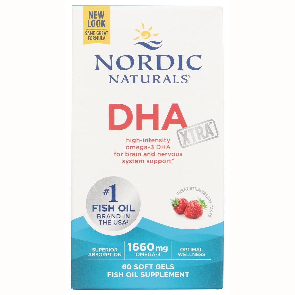 NRN040 | Nordic Naturals DHA XTRA fish oil supplement box front, 60 soft gels, strawberry flavor, 1660 mg omega-3 - Thumbnail