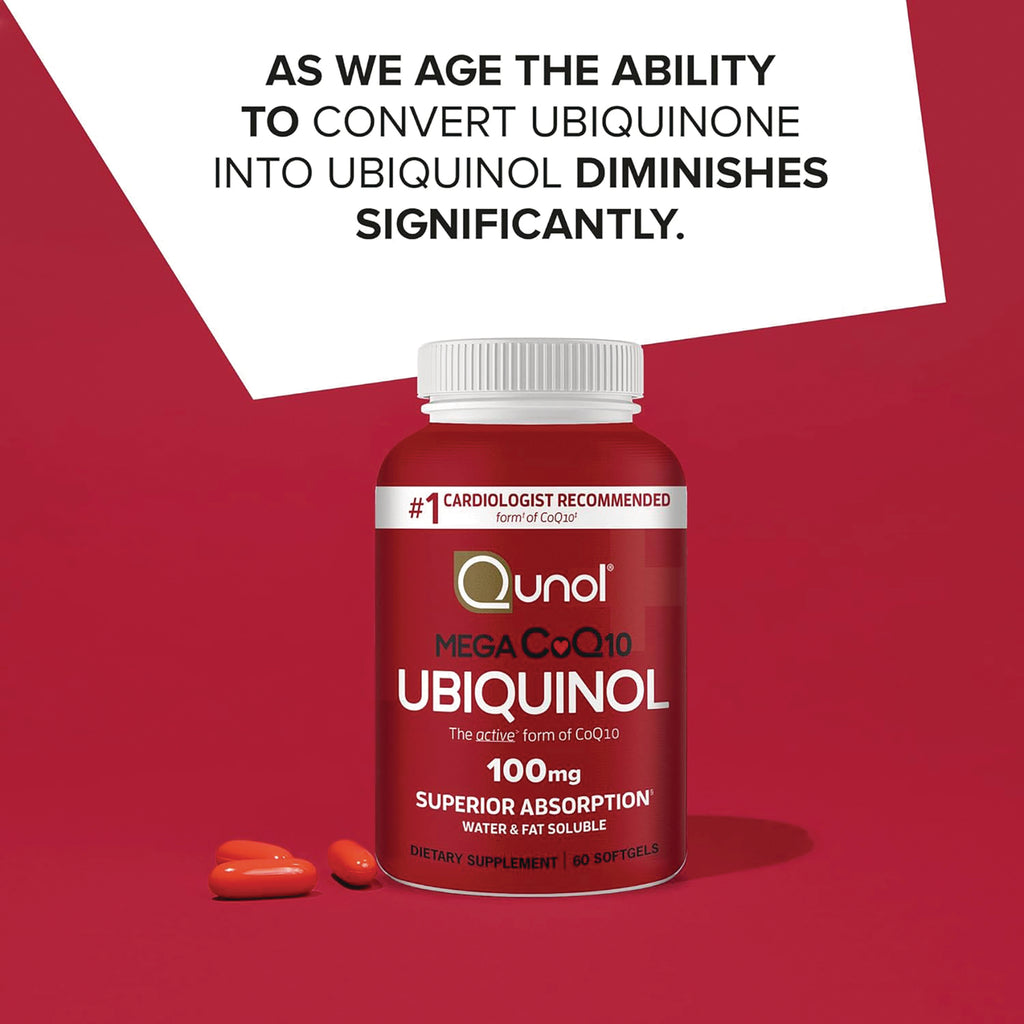 QNL003 | Qunol Mega CoQ10 Ubiquinol 100 mg softgel bottle with claim text about ubiquinone conversion - Thumbnail