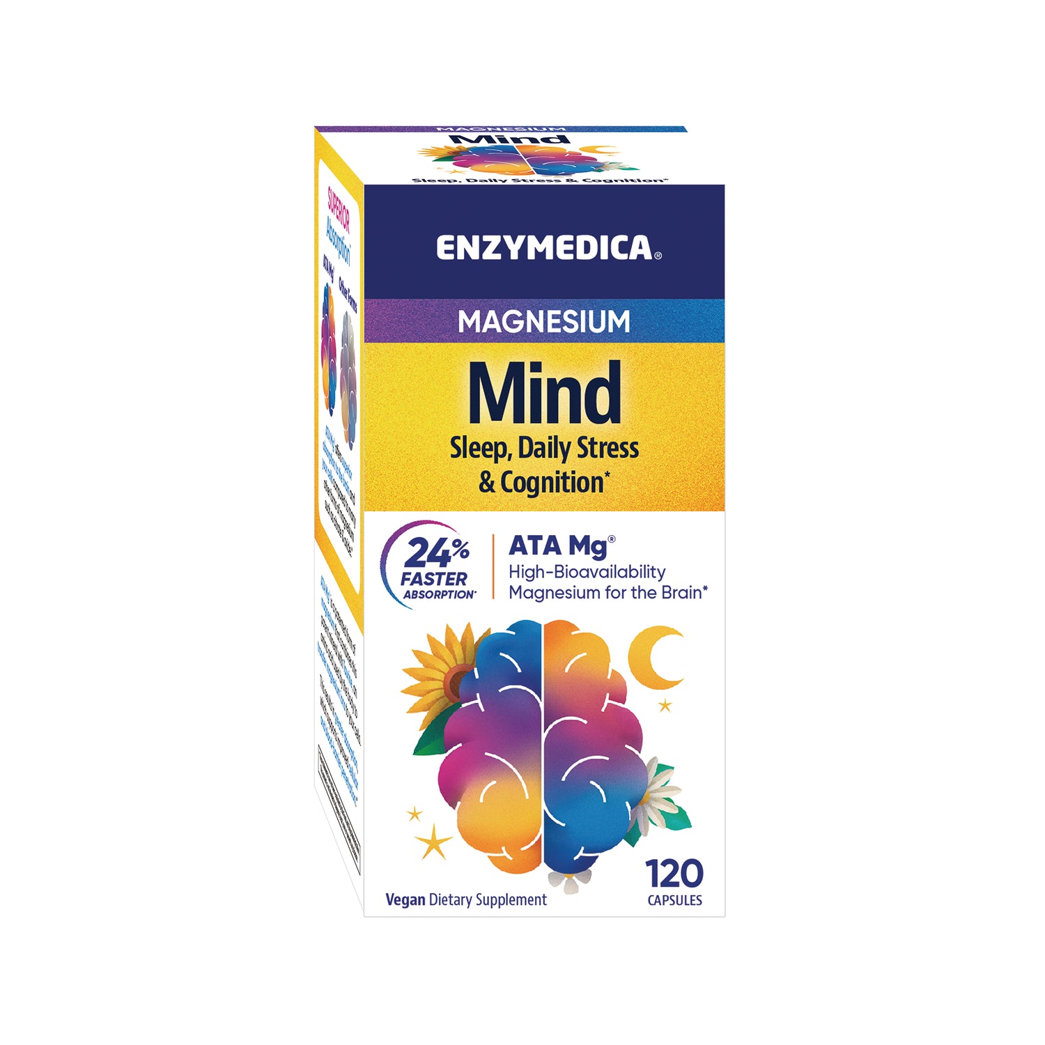 EMD094 | ENZYMEDICA Magnesium Mind supplement box with colorful brain illustration, Sleep, Daily Stress & Cognition, 120 capsules