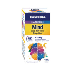 EMD094 | ENZYMEDICA Magnesium Mind supplement box with colorful brain illustration, Sleep, Daily Stress & Cognition, 120 capsules
