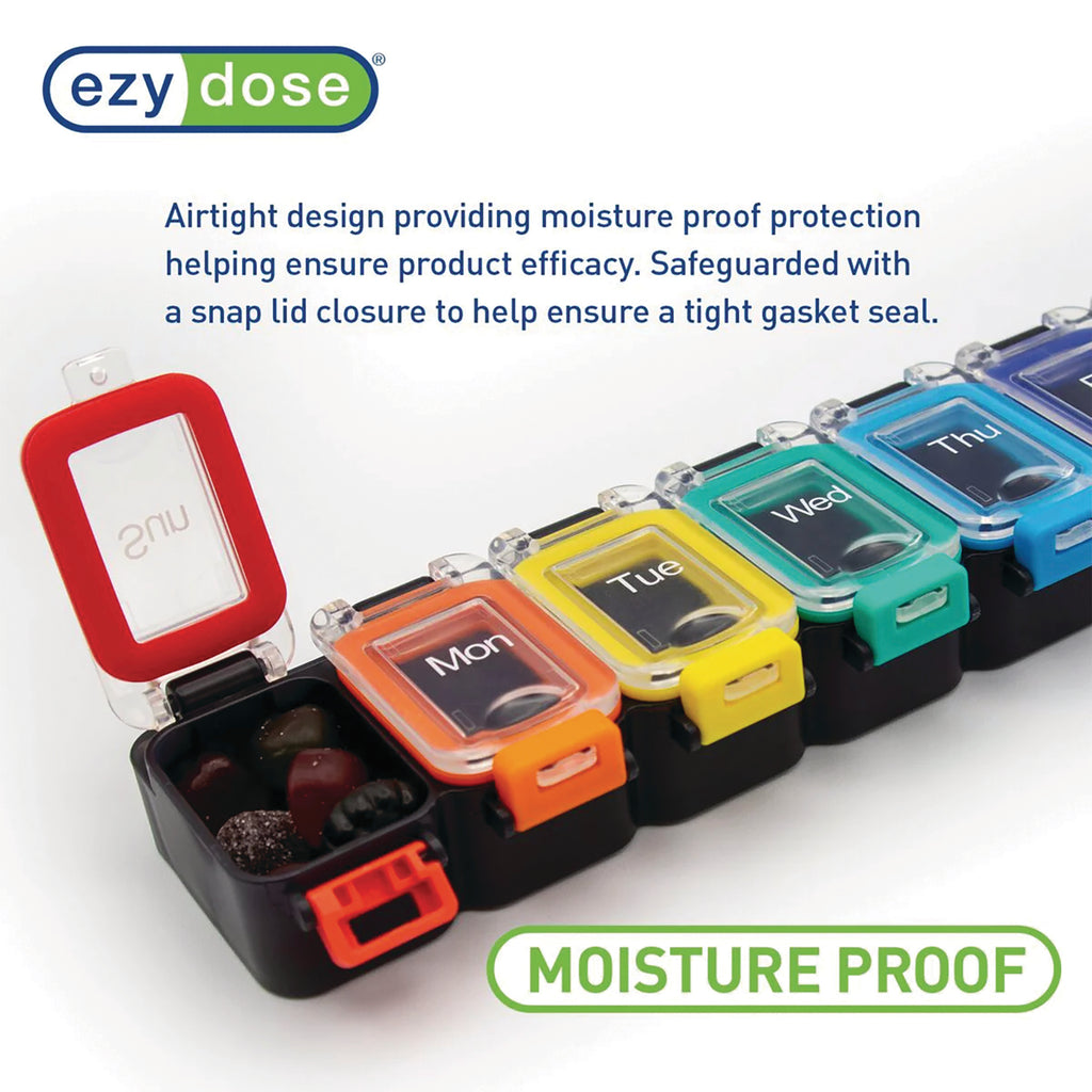 APP10 | ezy dose MOISTURE PROOF pill organizer with airtight snap-lid seal; compartments labeled Sun, Mon, Tue, Wed, Thu - Thumbnail