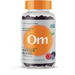 MMX052 | Om Master Blend mushroom gummies bottle, mixed berry flavored, front label shows 56 vegan gummies and 250mg ashwagandha