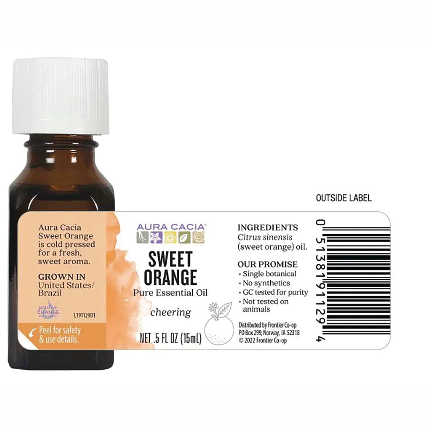 ARC007 | Back label of Sweet Orange pure essential oil bottle showing ingredients, barcode and NET .5 FL OZ (15mL)