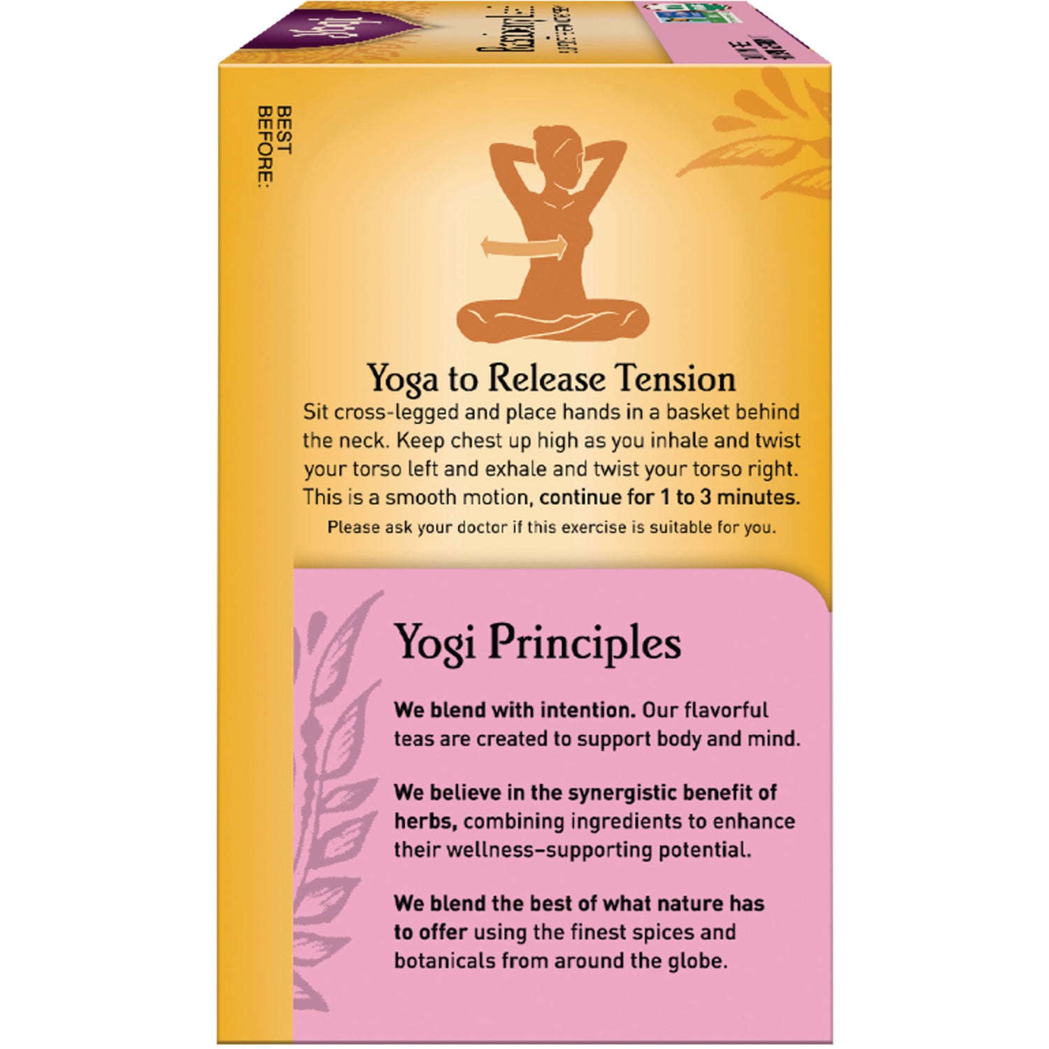 AHW004 | Yoga to Release Tension and Yogi Principles infographic on Yogi Tea box side panel
