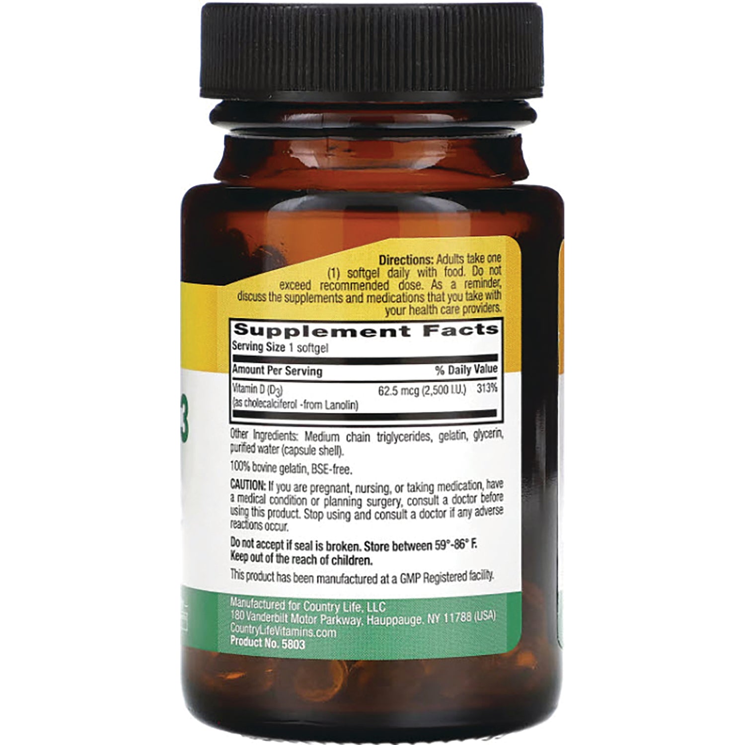 CRL339 | Back of brown supplement bottle showing Supplement Facts panel, directions and caution text