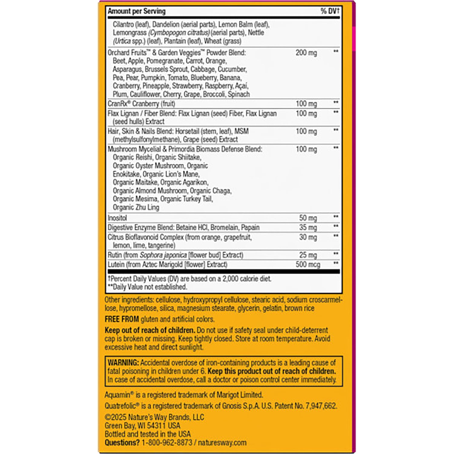NW695 | back label showing supplement facts, ingredient list, directions and warning text