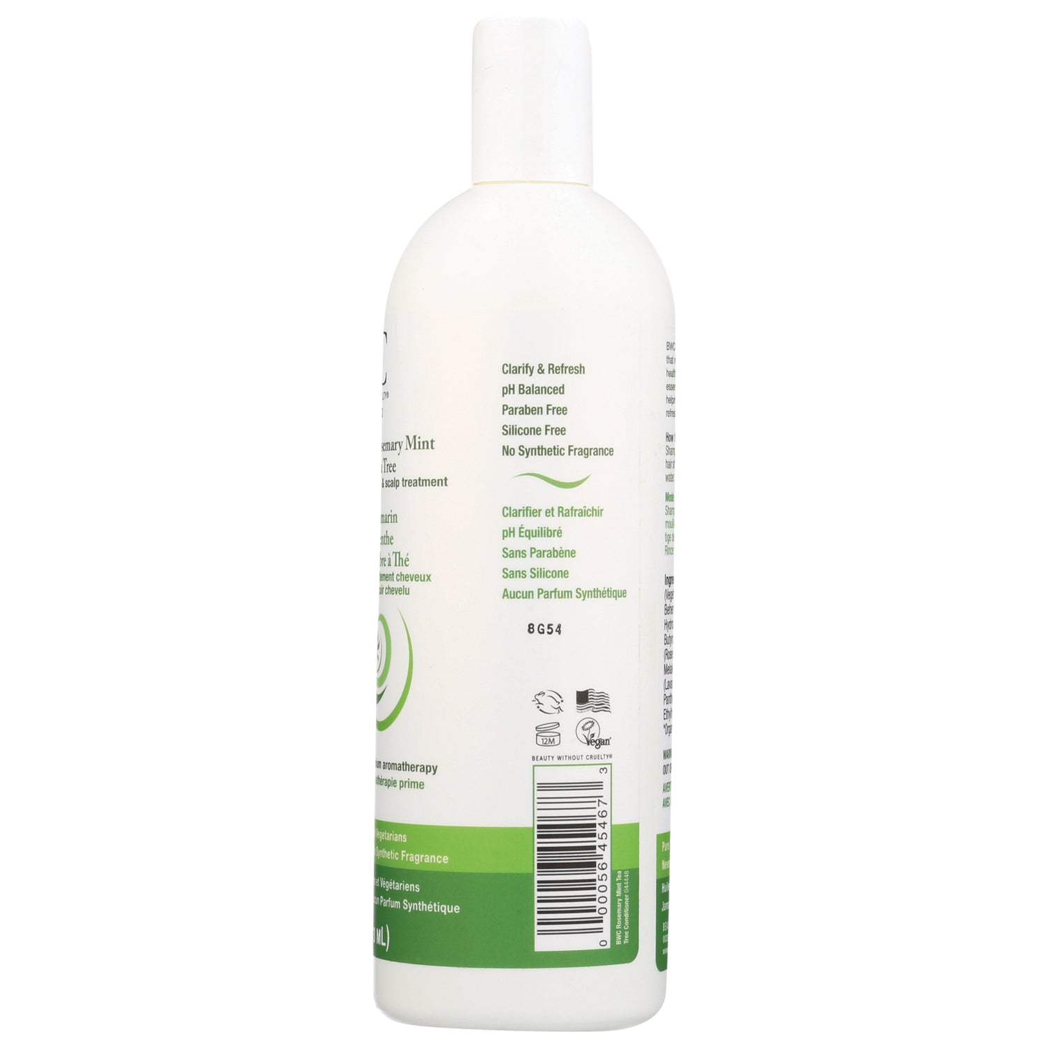 BWC095 | Back of white bottle label showing pH balanced, paraben- and silicone-free claims and barcode