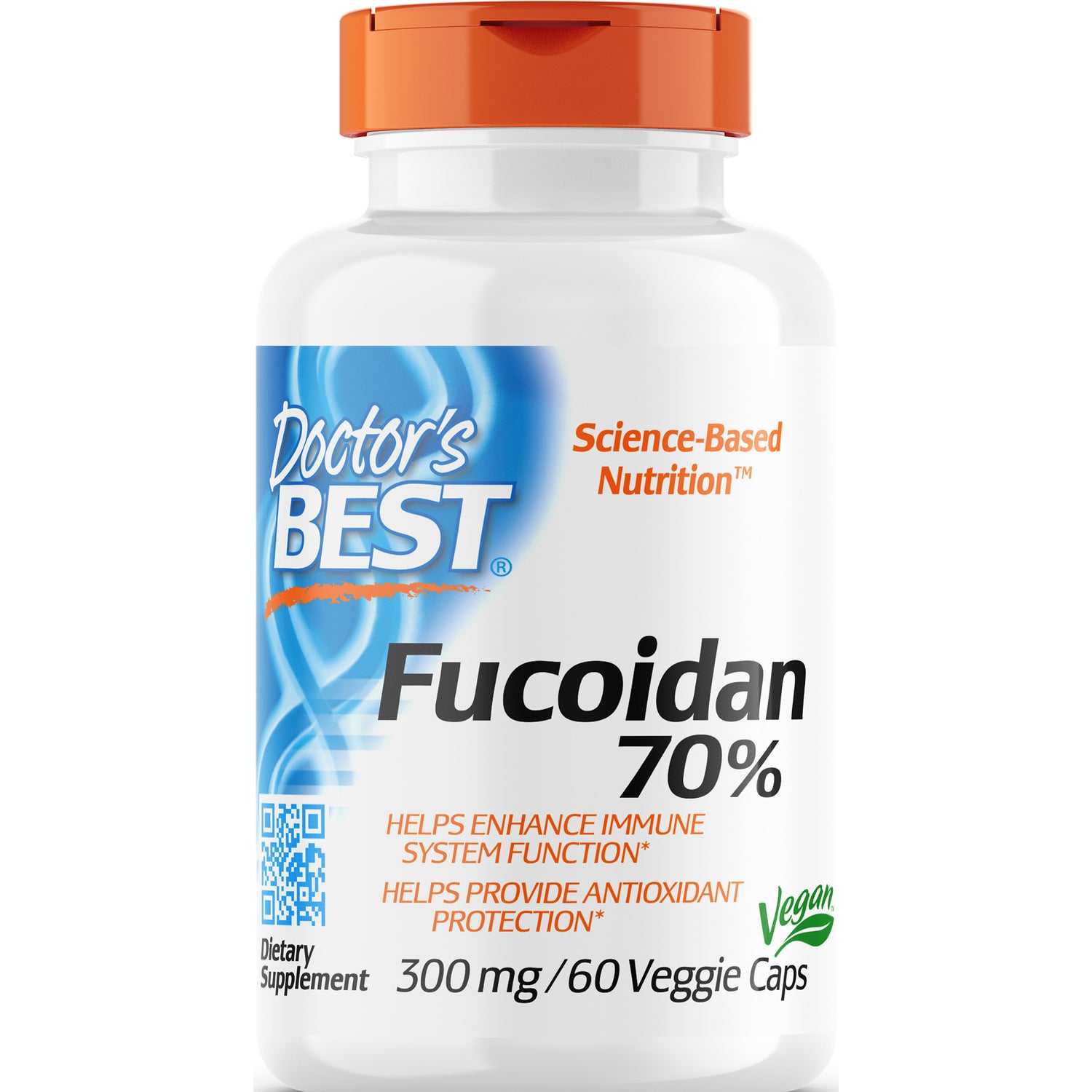 DB109 | Doctor's Best Fucoidan 70% white supplement bottle front label, 300 mg 60 Veggie Caps, Vegan