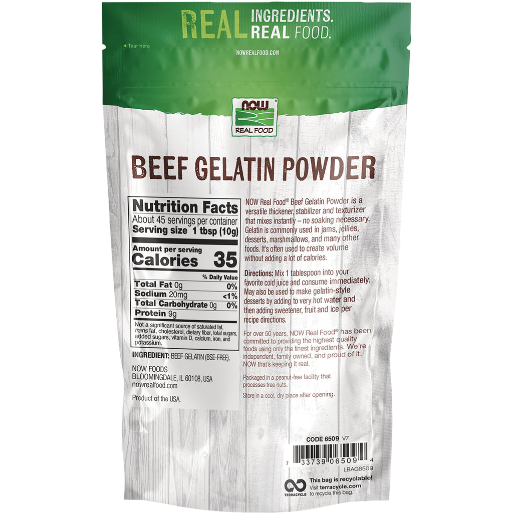 NWF1029 | Back of NOW Real Food beef gelatin powder pouch showing Nutrition Facts, ingredients, directions, and barcode - Thumbnail