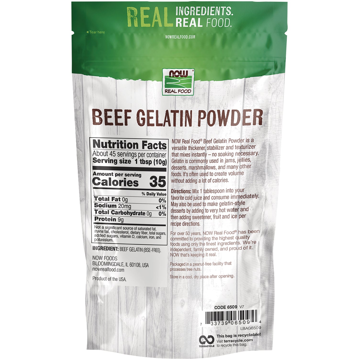 NWF1029 | Back of NOW Real Food beef gelatin powder pouch showing Nutrition Facts, ingredients, directions, and barcode