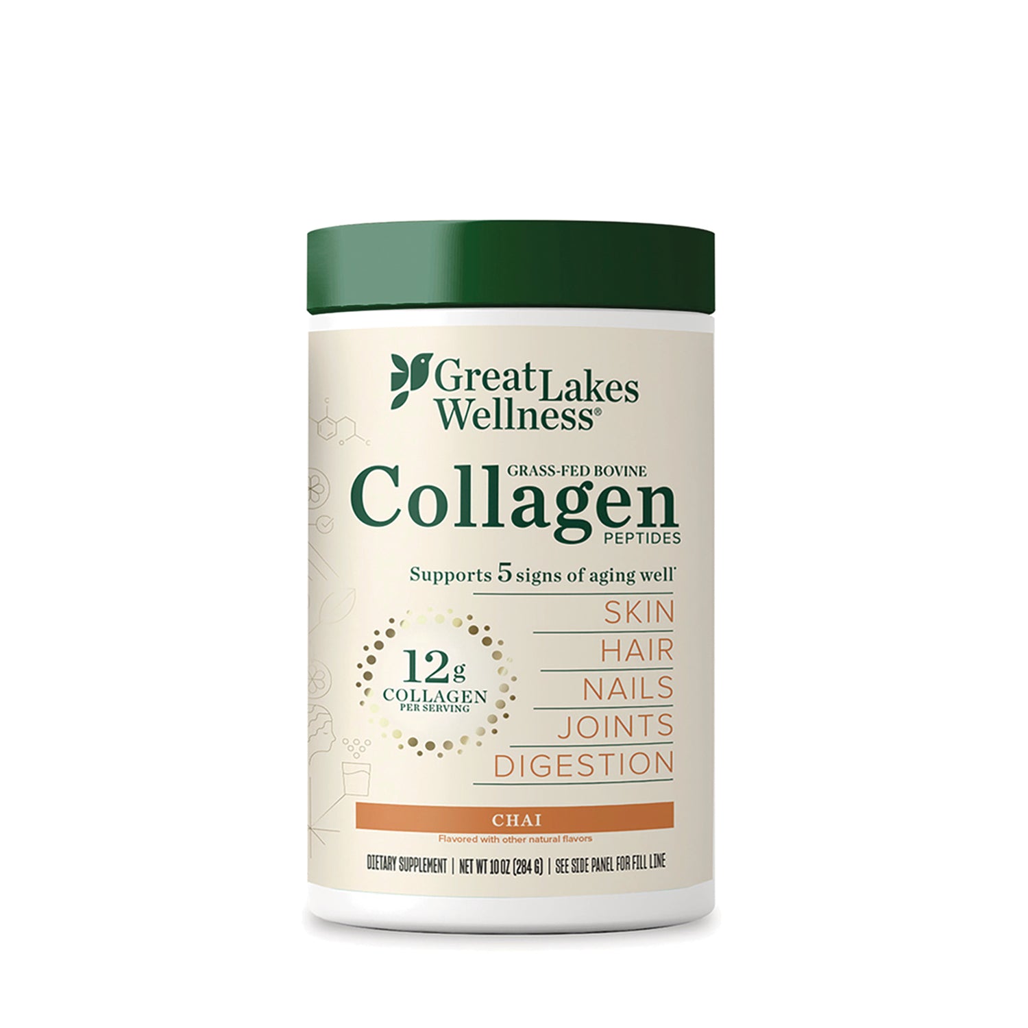 GLK016 | Front view of Great Lakes Wellness Collagen peptides container, chai flavor, 12g collagen per serving