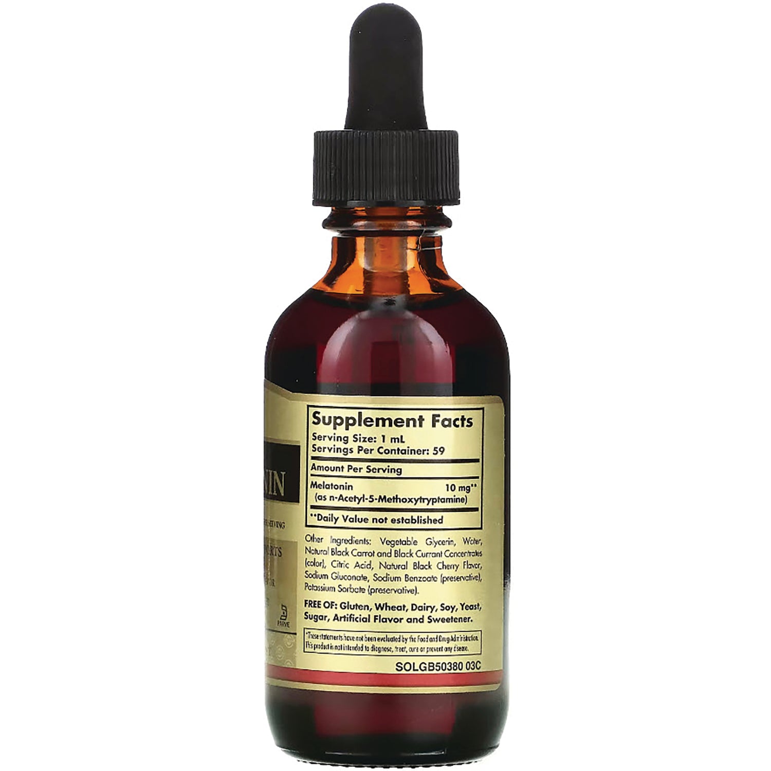 SLG346 | amber dropper bottle back showing Supplement Facts label listing Melatonin 10 mg and ingredients