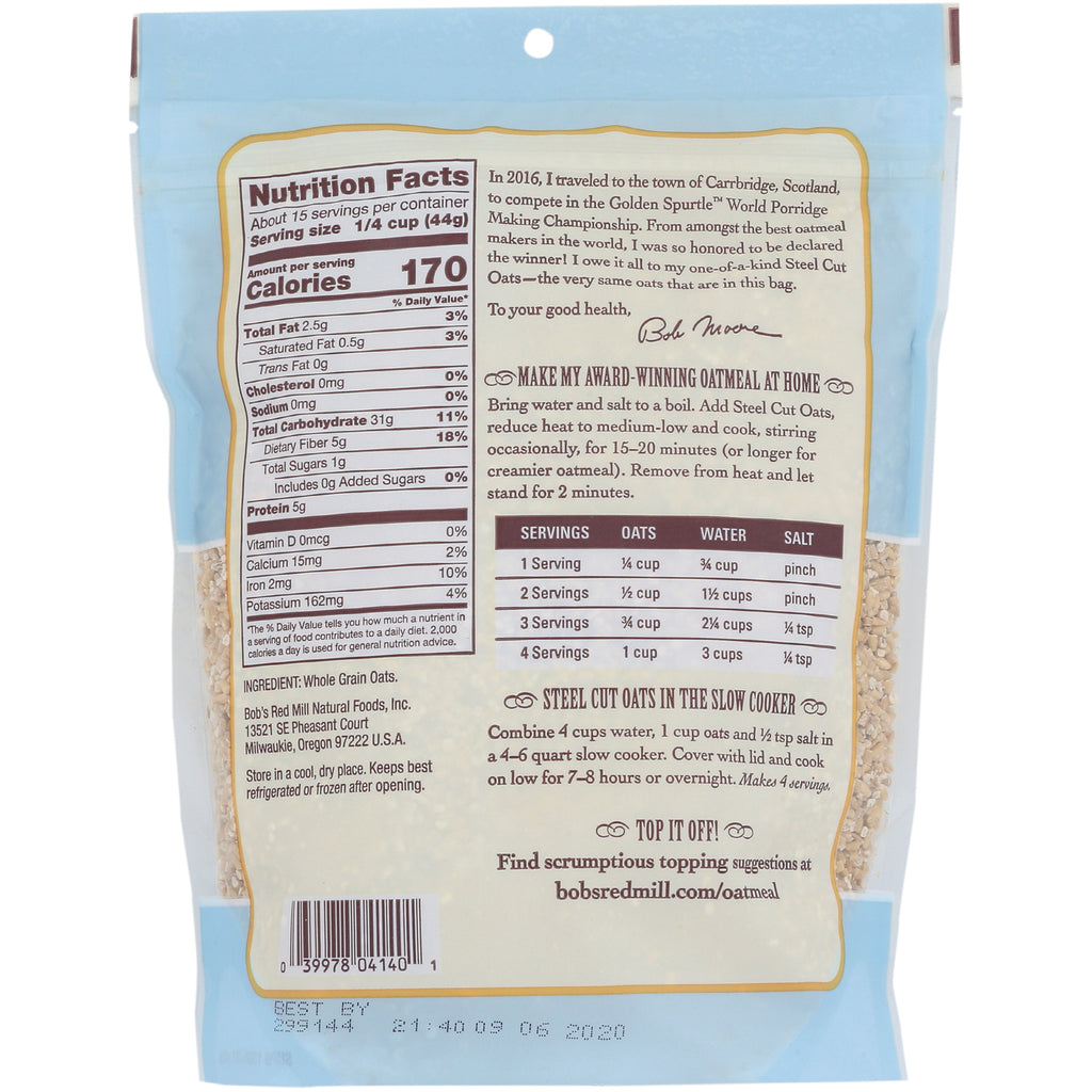 BOB329 | back of Bob's Red Mill steel cut oats bag showing nutrition facts, cooking instructions, and barcode - Thumbnail