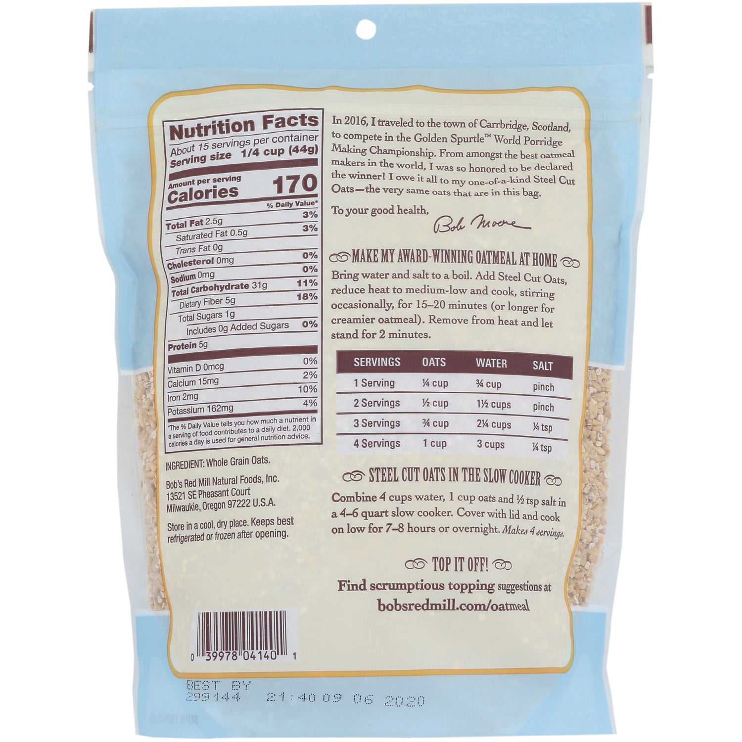 BOB329 | back of Bob's Red Mill steel cut oats bag showing nutrition facts, cooking instructions, and barcode