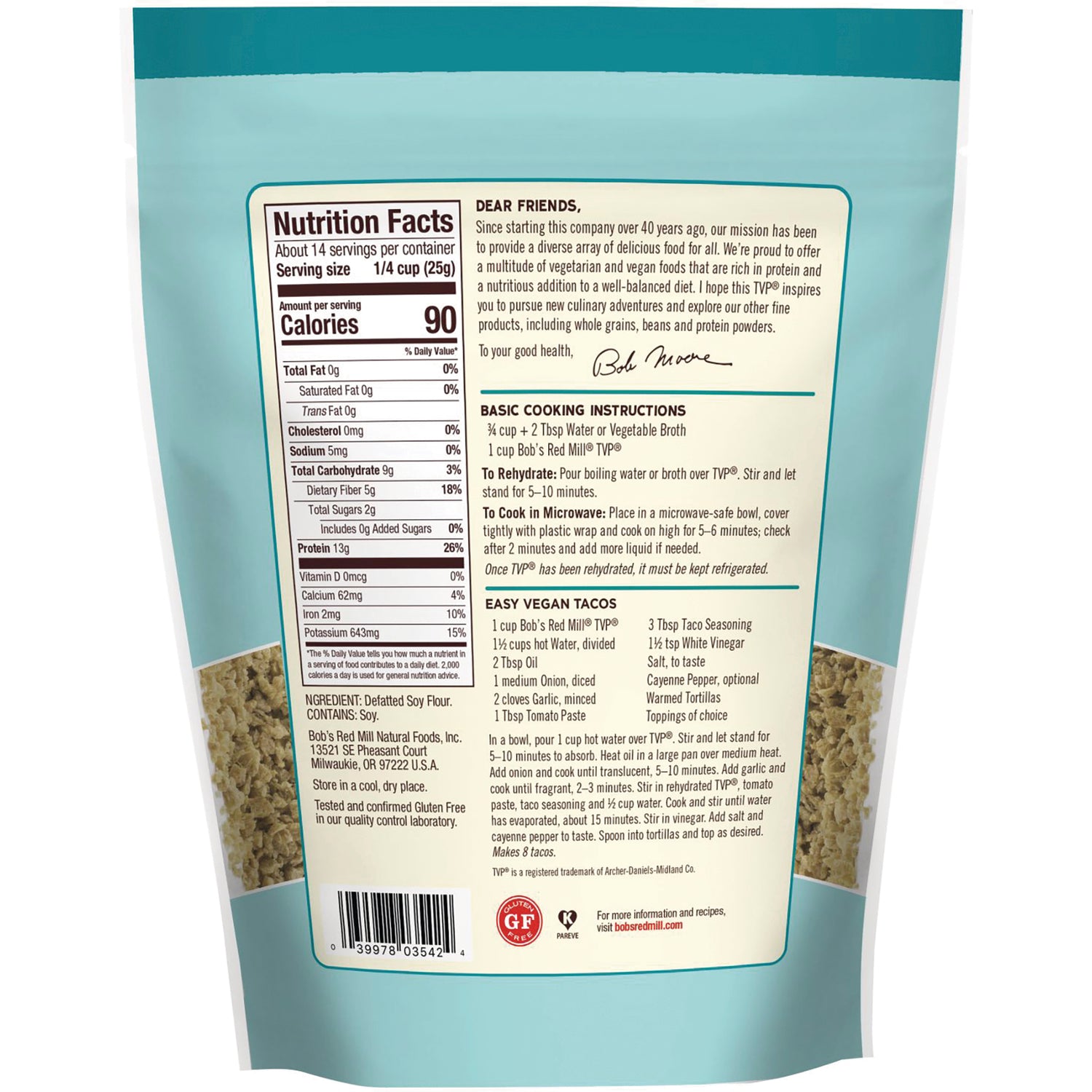 BOB404 | Back of teal product pouch showing Nutrition Facts panel, cooking instructions, ingredient list and barcode