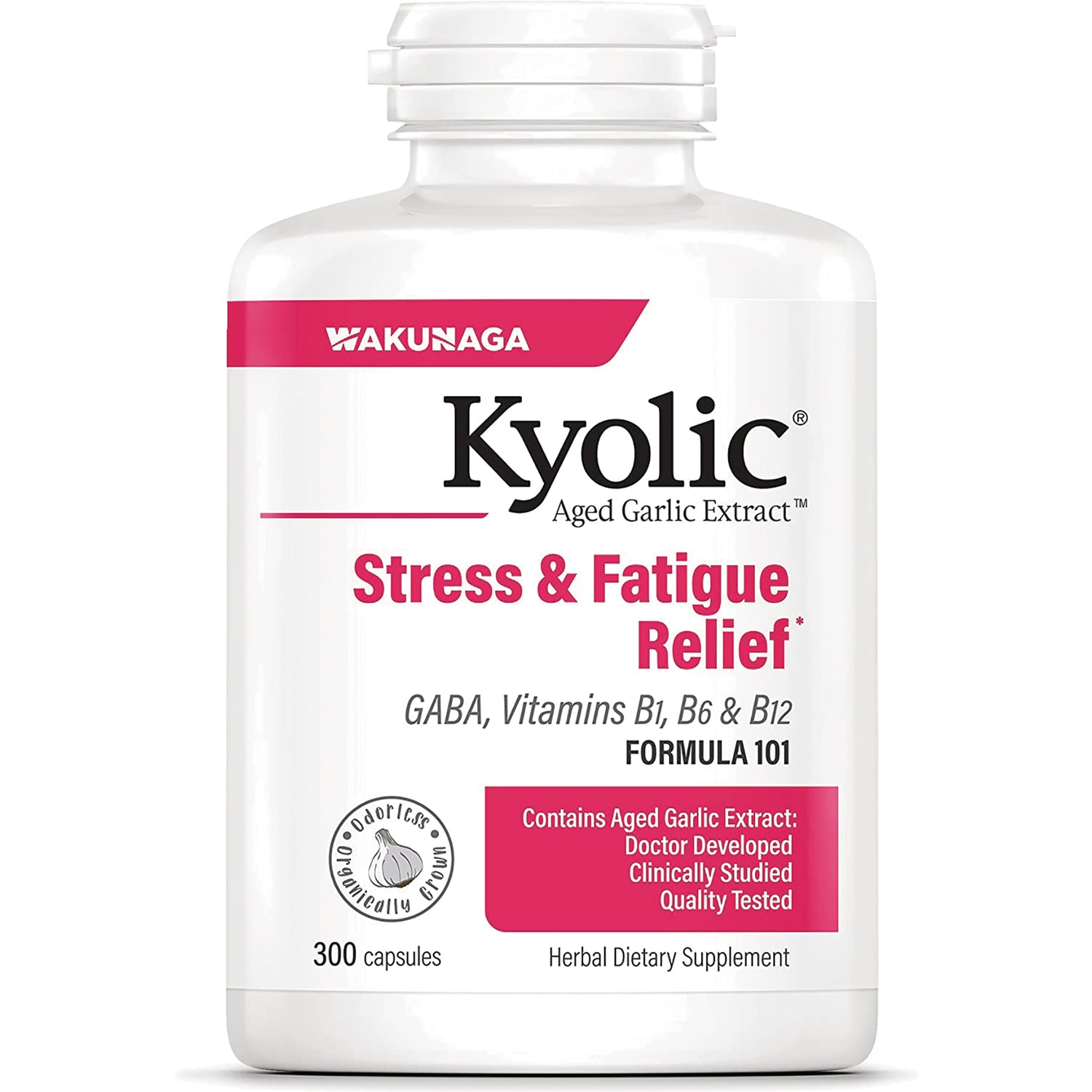 KY095 | Kyolic Stress & Fatigue Relief aged garlic extract bottle, 300 capsules
