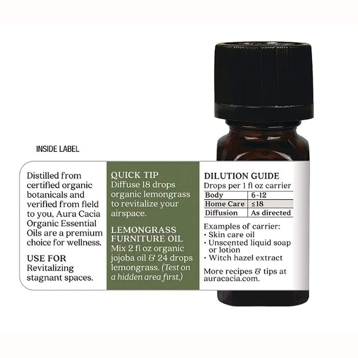 ARC023 | Back label of lemongrass essential oil bottle showing dilution guide, quick tip and usage instructions