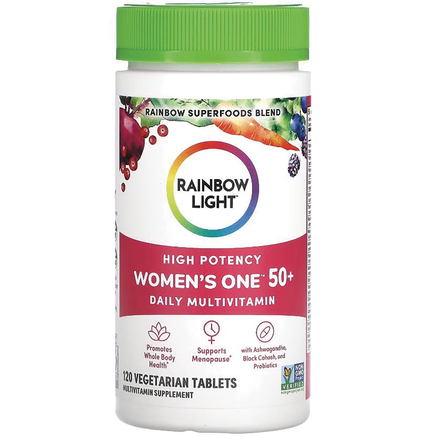 RBL163 | Rainbow Light High Potency Women's One 50+ daily multivitamin bottle with green cap, 120 vegetarian tablets