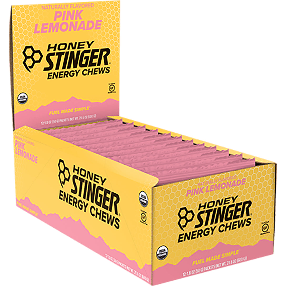 HST054 | Honey Stinger Energy Chews Pink Lemonade open display box showing individual pink packets