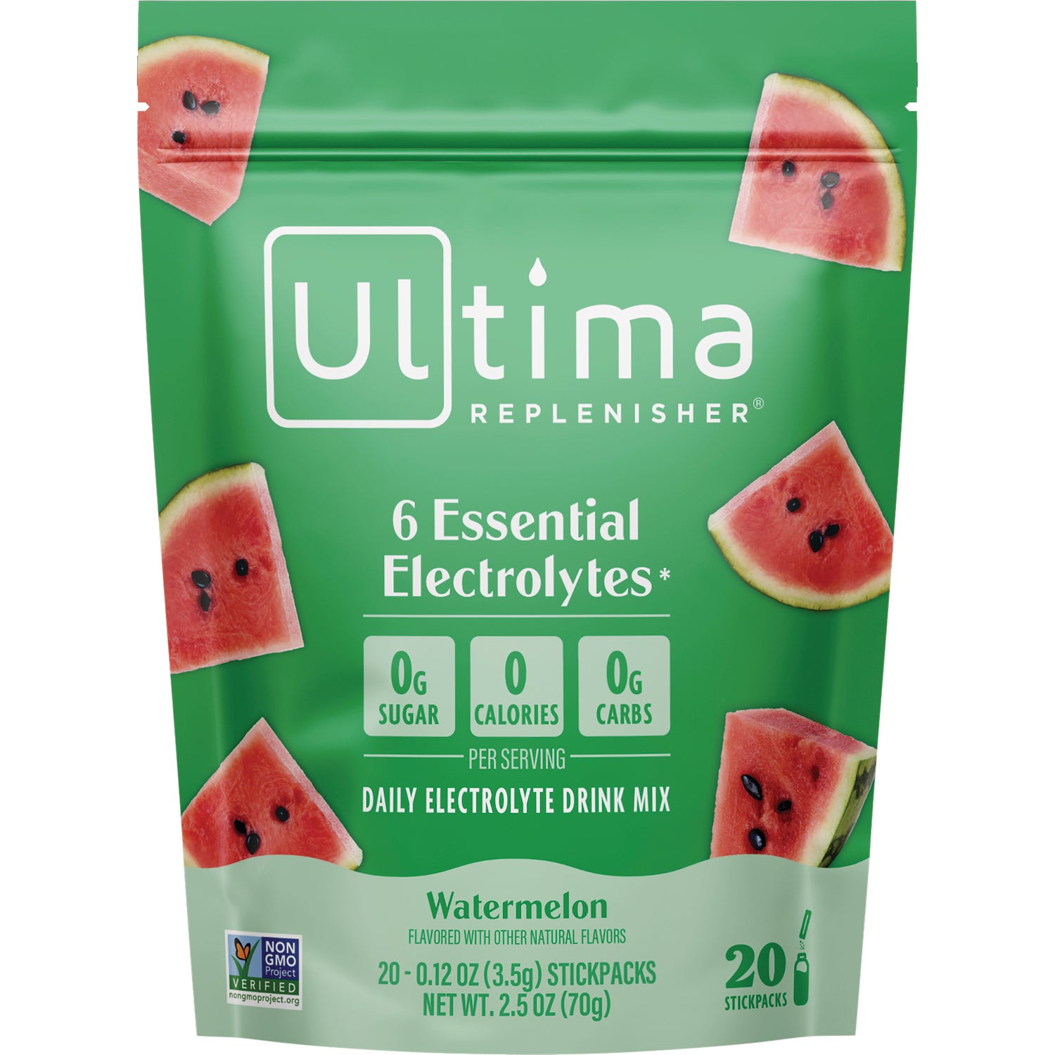 UHP026 | Ultima Replenisher Watermelon electrolyte drink mix, 6 essential electrolytes, 0g sugar, 0 calories, 20 stickpacks