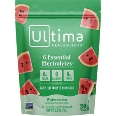 UHP026 | Ultima Replenisher Watermelon electrolyte drink mix, 6 essential electrolytes, 0g sugar, 0 calories, 20 stickpacks