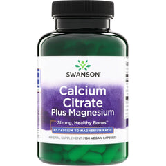 SW180 | Swanson Calcium Citrate Plus Magnesium bottle, 150 vegan capsules, 2:1 calcium to magnesium ratio