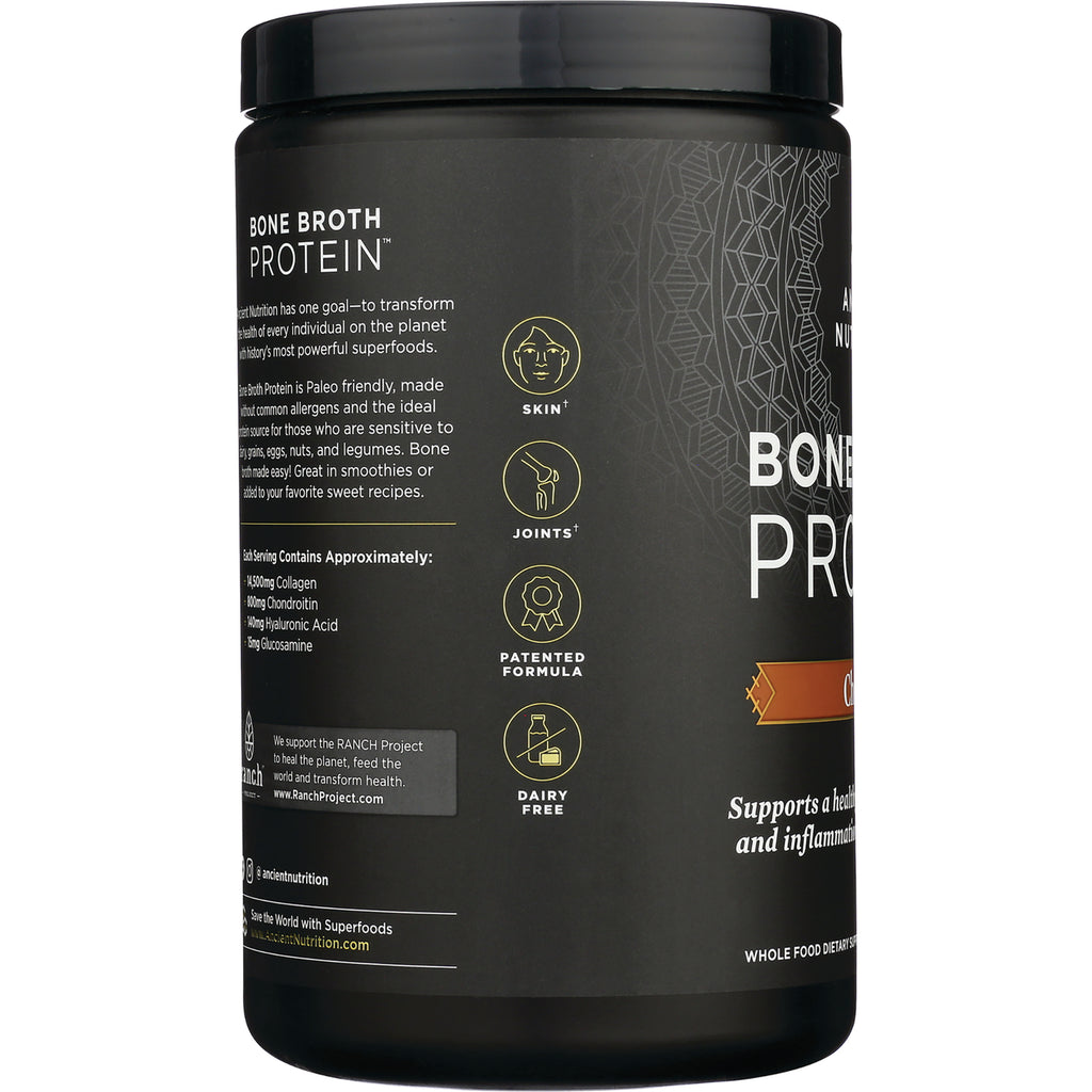 ATN003 | side infographic panel of Bone Broth Protein tub showing skin, joints, patented formula, dairy-free icons and ingredient highlights - Thumbnail