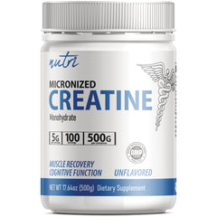 White jar labeled MICRONIZED CREATINE monohydrate dietary supplement 500G unflavored 100 servings