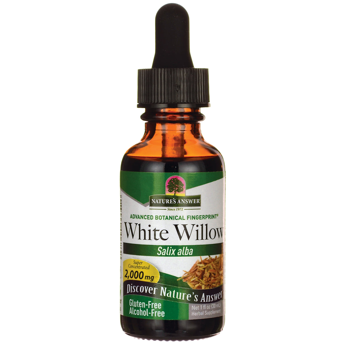 NAT150 | Brown glass dropper bottle labeled White Willow Salix alba 2,000 mg, gluten-free alcohol-free herbal supplement