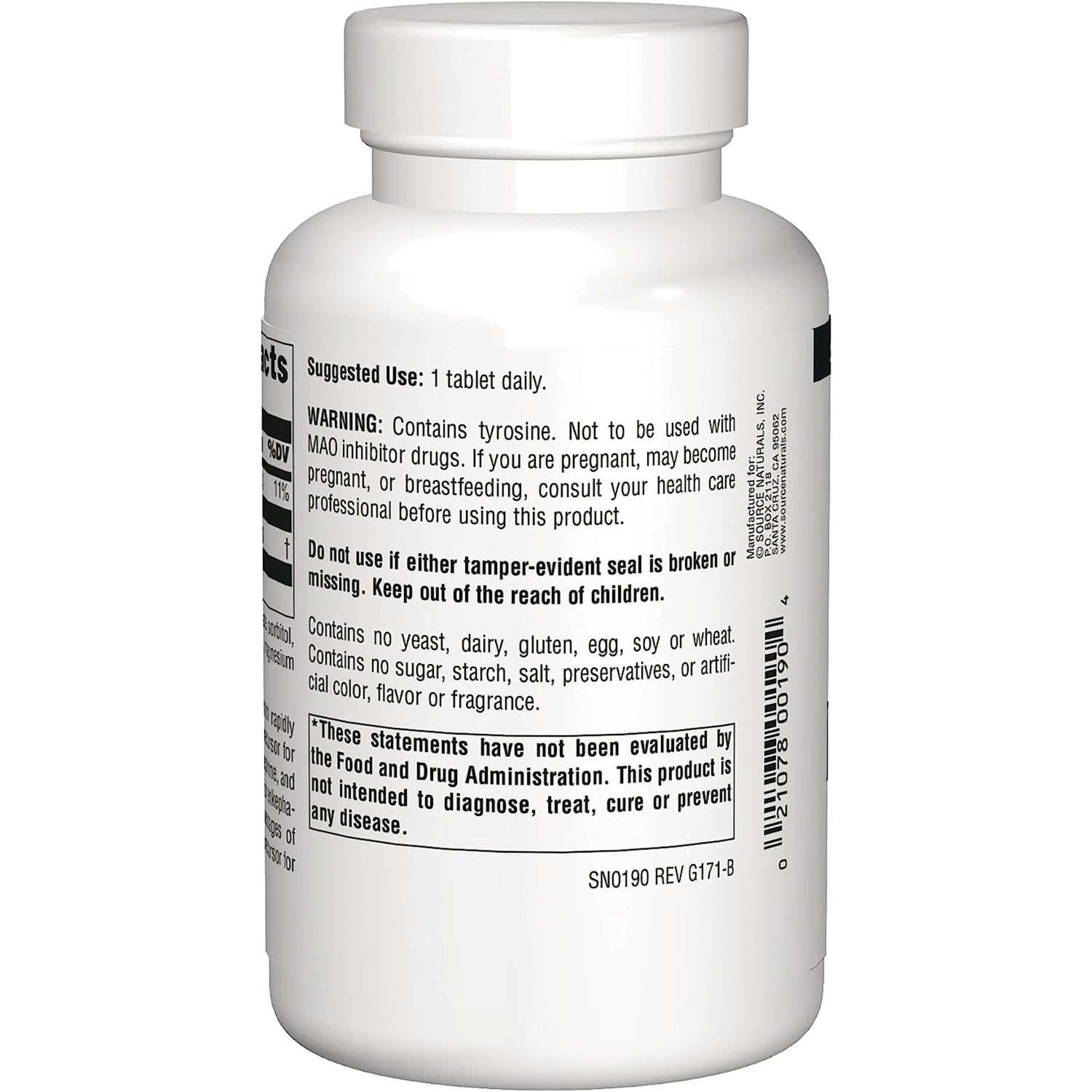 SN429 | Back label with Suggested Use, warning, and FDA disclaimer on supplement bottle