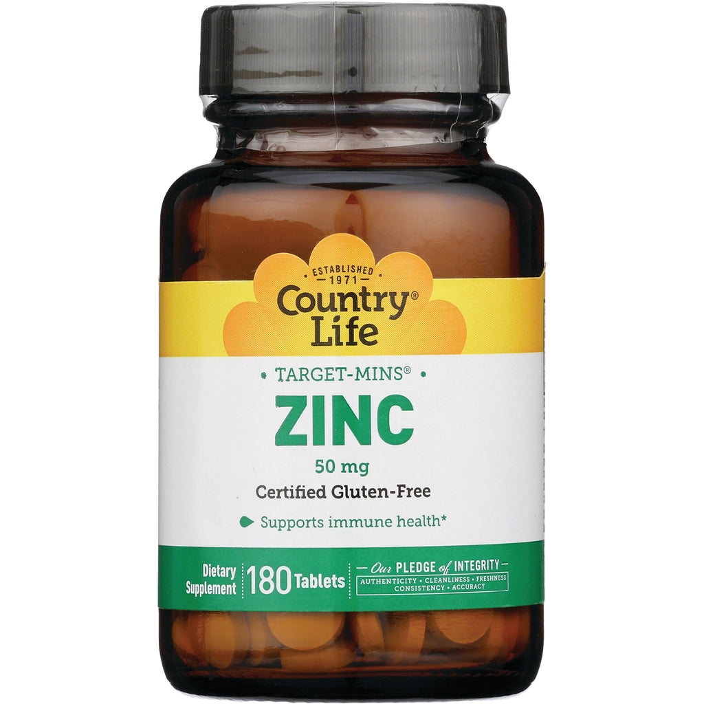 CRL448 | Country Life Target-Mins Zinc 50 mg supplement bottle, 180 tablets, white and green label stating Certified Gluten-Free - Thumbnail