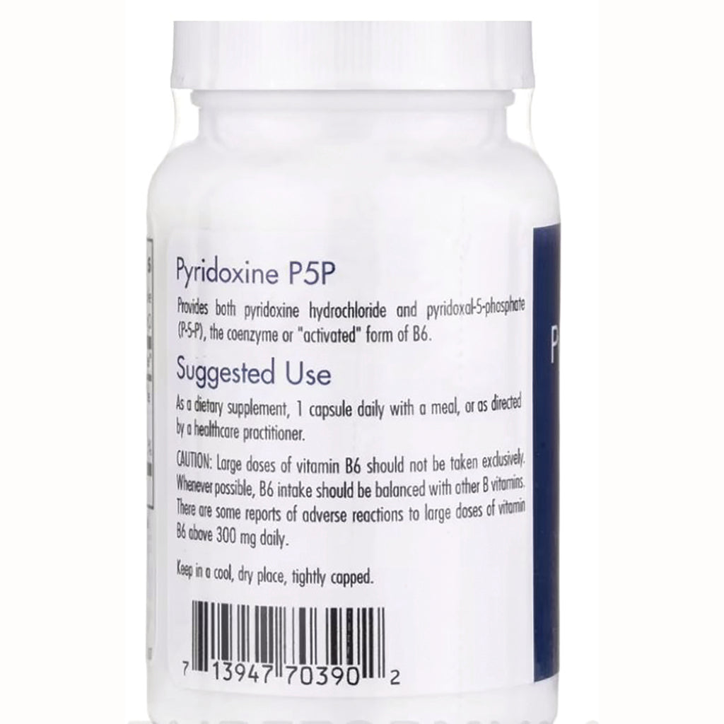 ARG026 | Back label of supplement bottle reading Pyridoxine P5P, Suggested Use instructions and barcode - Thumbnail