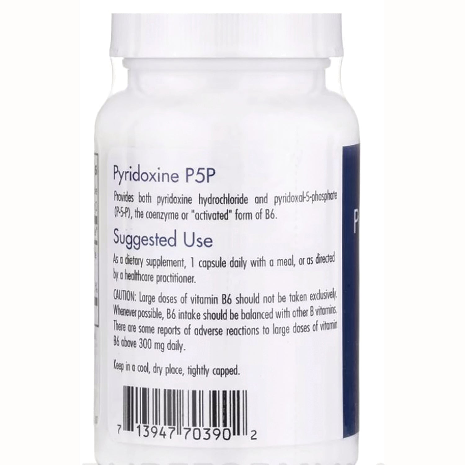 ARG026 | Back label of supplement bottle reading Pyridoxine P5P, Suggested Use instructions and barcode