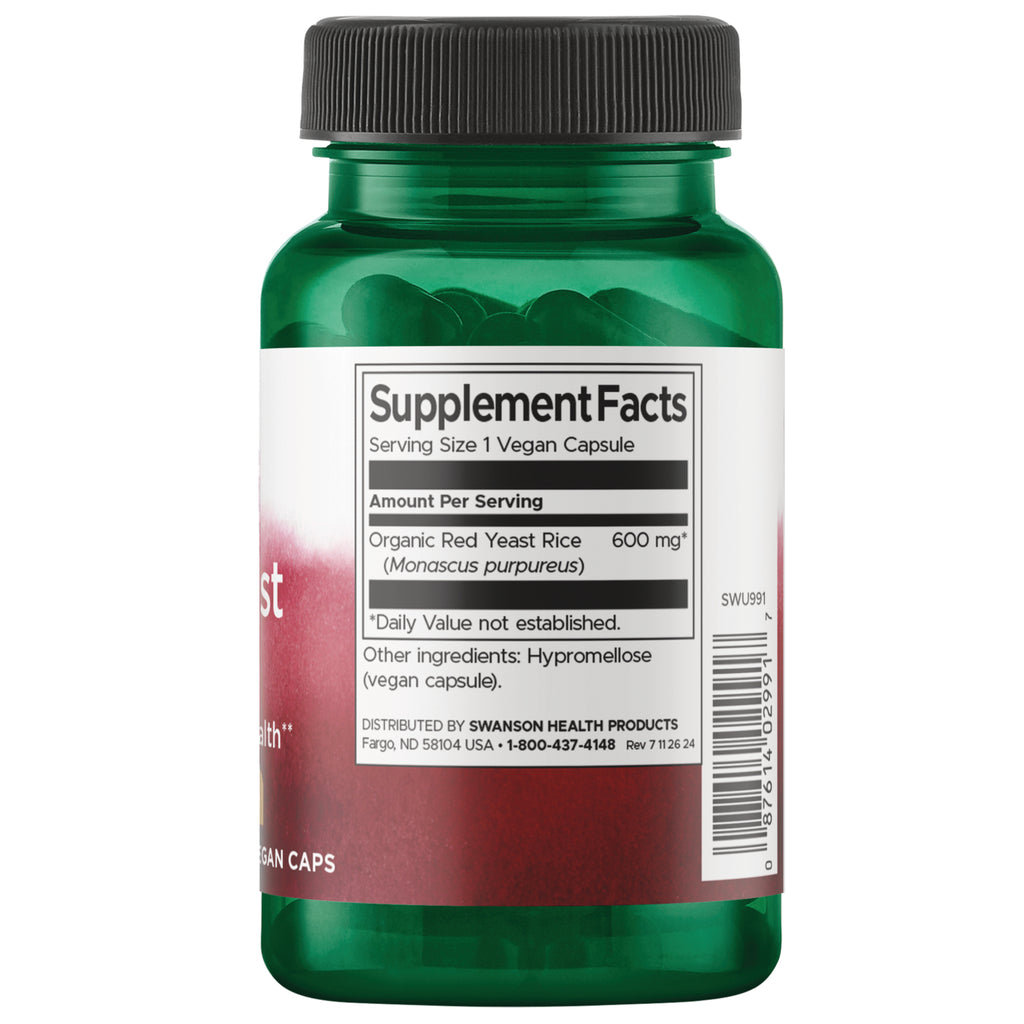 SWU1090 | Supplement Facts panel showing Organic Red Yeast Rice 600 mg per vegan capsule - Thumbnail