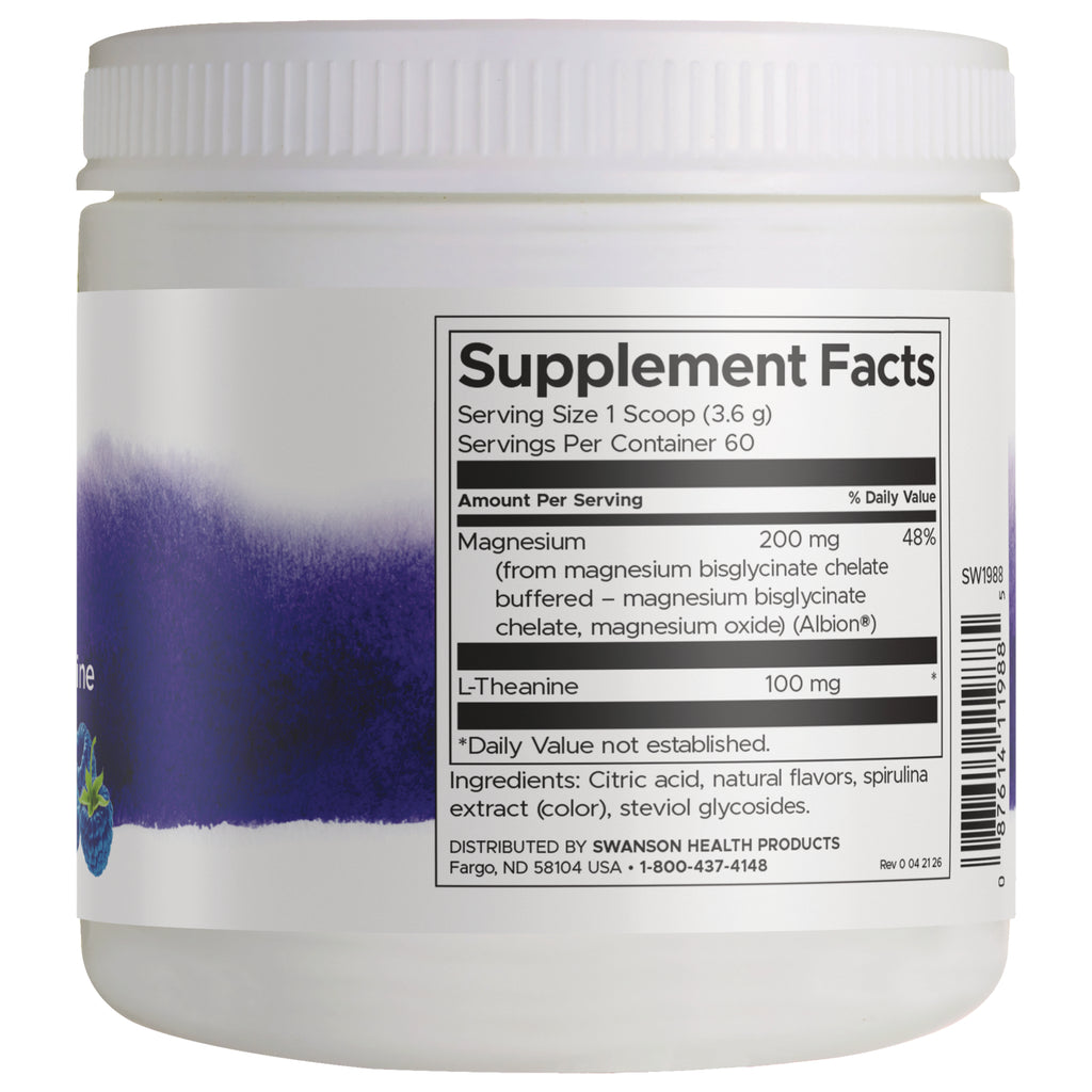 SW1988 | Back label Supplement Facts: 1 scoop serving, Magnesium 200 mg, L-Theanine 100 mg, ingredients list - Thumbnail