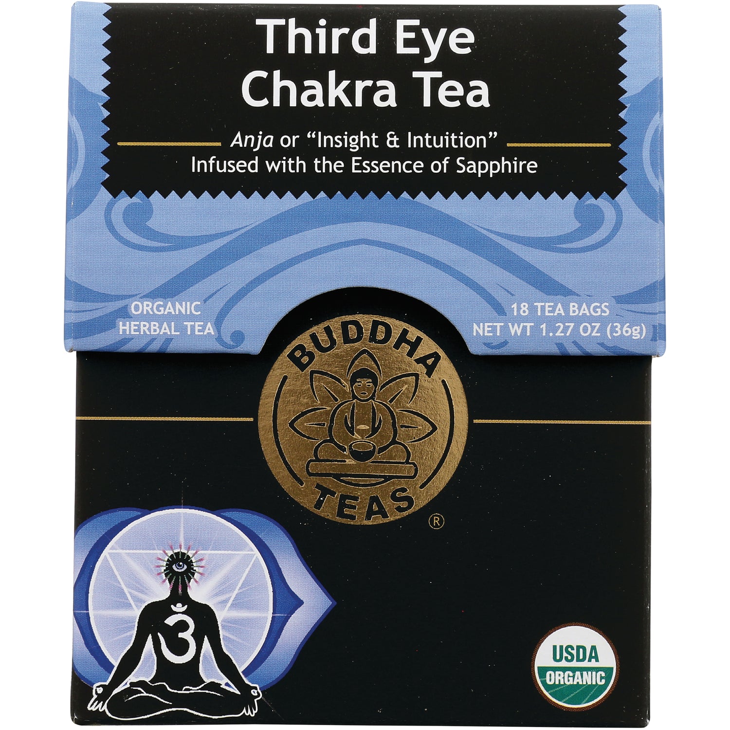 BUD010 | Third Eye Chakra Tea box front with Buddha Teas logo and USDA Organic seal