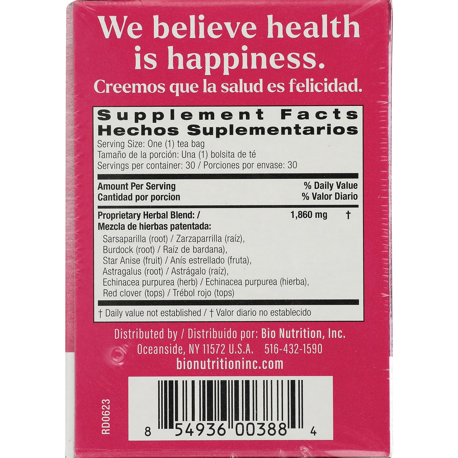 BNN068 | Back of pink supplement box showing Supplement Facts panel and bilingual ingredient list
